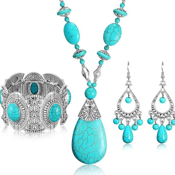 NEW! Turquoise Set of 3: Pendant Necklace, Earring, Bracelet Set - Picture 1 of 5